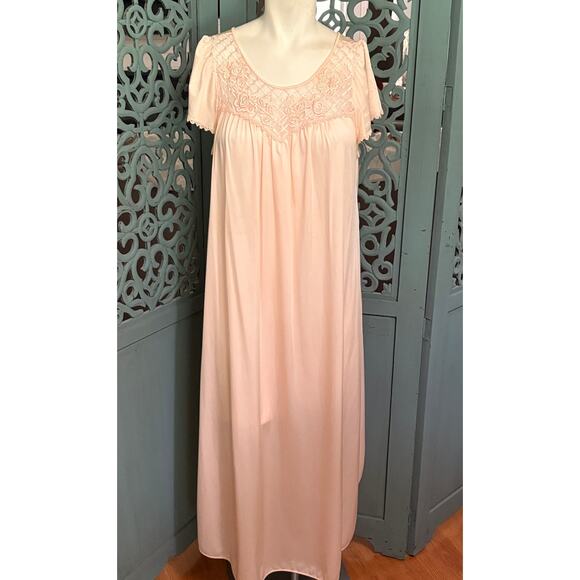 Women's Vintage Shadow Line Long Negligee-Apricot-Rose Applique-Flutter Sleeve-M - Picture 1 of 6